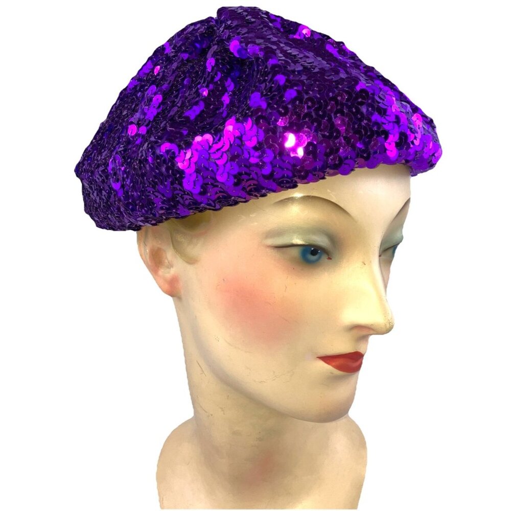 70s Purple Full Sequin Beret Disco Roller skating Vintage 1970s
